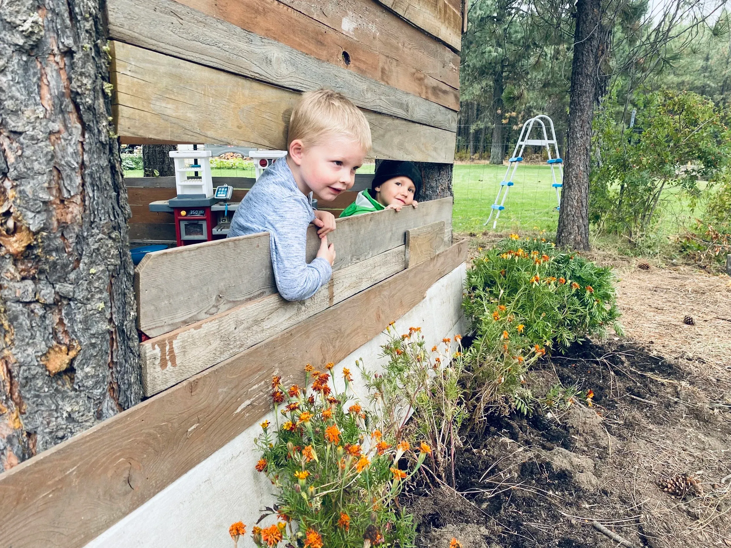 Two children peeking over a wooden fence