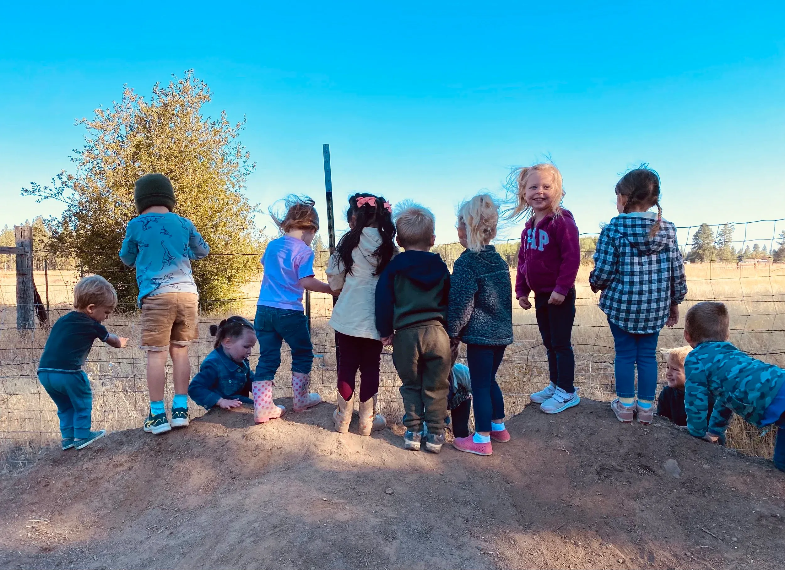 A row of children standing on a dirt hill looking out over the farm